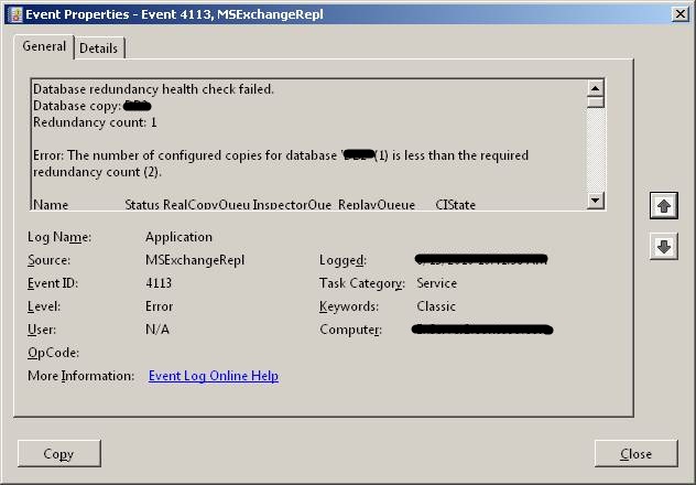 Exchange 2010 Event ID: 4113 MSExchangeRepl Database redundancy health check failed